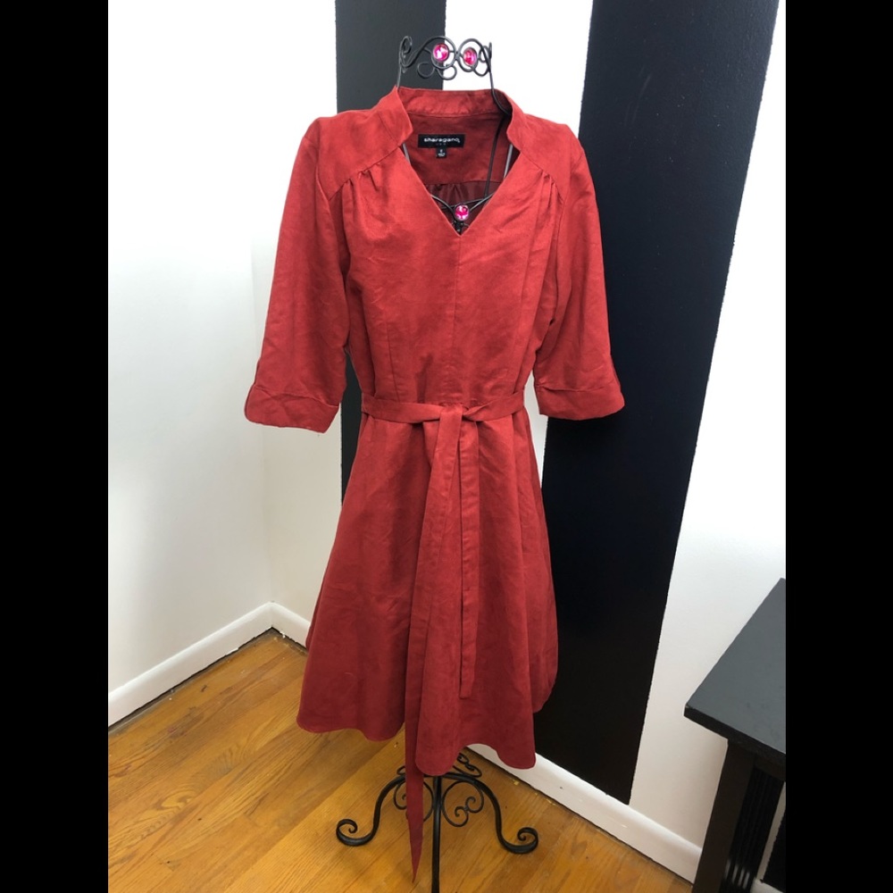 Merlot suede belted dress.